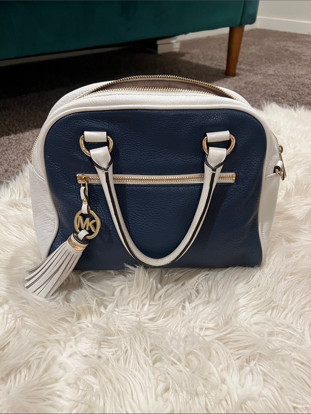 Michael Kors Navy and White Dome Satchel with Tassel Charm